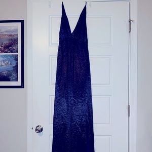 Plunging Neckline Navy Halter Open Back Maxi Dress With Slit